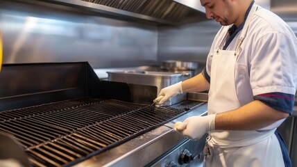 Employee cleaning and sanitizing a commercial kitchen grill, demonstrating proper food safety practices in equipment handling
