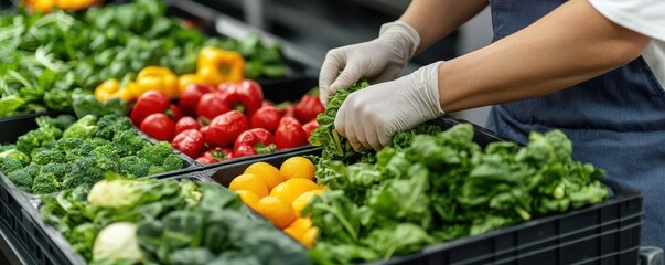 Employee inspecting freshly delivered produce for freshness and signs of contamination, demonstrating food safety practices in sourcing