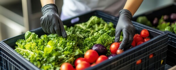 Employee inspecting freshly delivered produce for freshness and signs of contamination, demonstrating food safety practices in sourcing