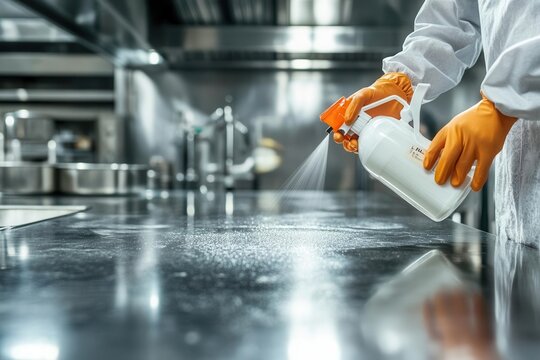 Employee using a sanitation spray on kitchen countertops, ensuring cleanliness and hygiene for food safety management