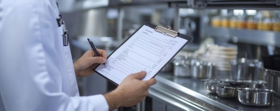 Hands holding a clipboard, inspecting a restaurant kitchen s hygiene checklist during a food safety audit, compliance focus
