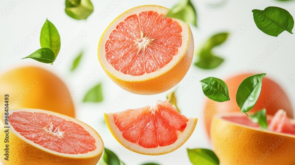 Poster grapefruit with half slices falling or floating in the air with green leaves isolated on a white bac