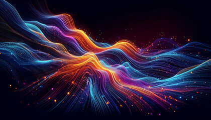 Obraz premium Abstract digital illustration featuring flowing waves of vibrant colors orange blue and purple against a dark background. The waves are composed of small glowing particles