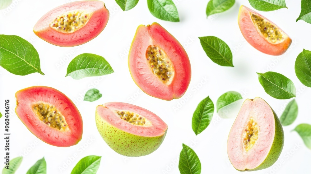 Poster guava with half slices falling or floating in the air with green leaves isolated on a white backgrou
