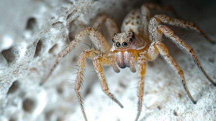 House spider in a corner of the ceiling on a white background, unnoticed intruder