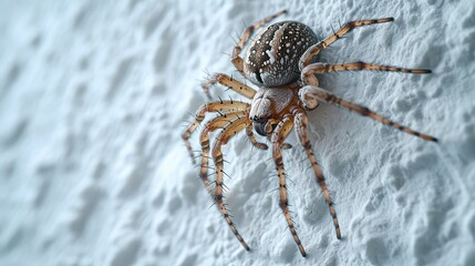 House spider in a corner of the ceiling on a white background, unnoticed intruder