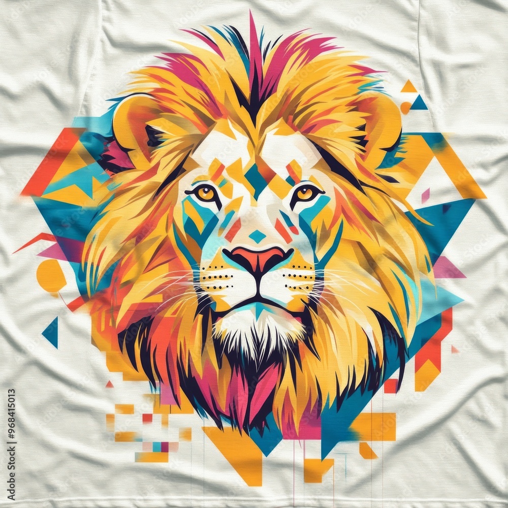 Canvas Prints A vibrant, geometric illustration of a lion's face with colorful accents.