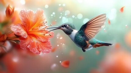 Fototapeta premium Hummingbird feeding from a vibrant flower on a white background