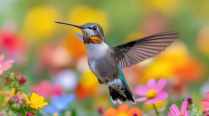 Fototapeta premium Hummingbird in a garden full of flowers on a white background, colorful scene