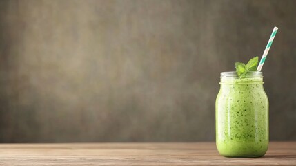 Refreshing green smoothie in a jar with mint and a striped straw on a rustic wooden table.