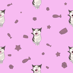 A pattern (infinite picture) of a cat meme - a cat crunching or eating dry food. The illustration is made in pastel colours. The picture conveys a joke, humour, meme, pleasure.