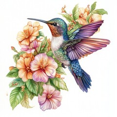 Obraz premium Hummingbird with flowers, on white background