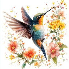 Hummingbird with flowers, on white background
