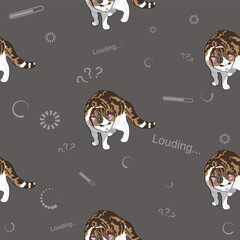 A pattern (endless picture) of a cat meme - the cat doesn't understand what happened, it's frozen, it's glitchy. The picture conveys a joke, humour, meme, incomprehension, download.
