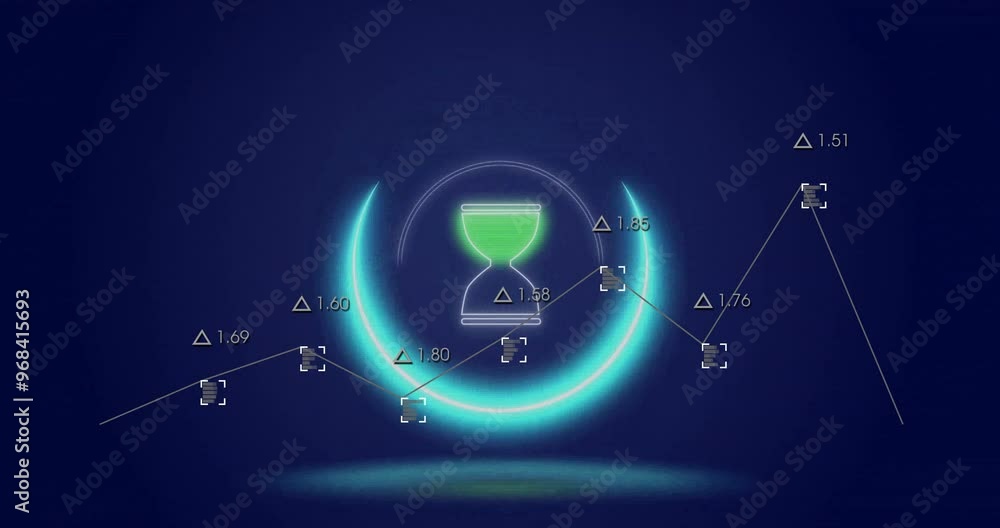 Poster Animation of data processing and hourglass on blue background
