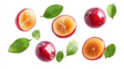 Naklejka premium Jujube with half slices falling or floating in the air with green leaves isolated on a white background.
