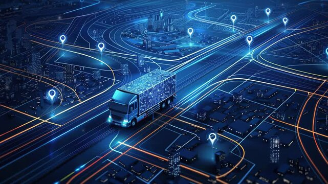 GPS tracking and moving truck with container on a map. Distribution and delivery concept