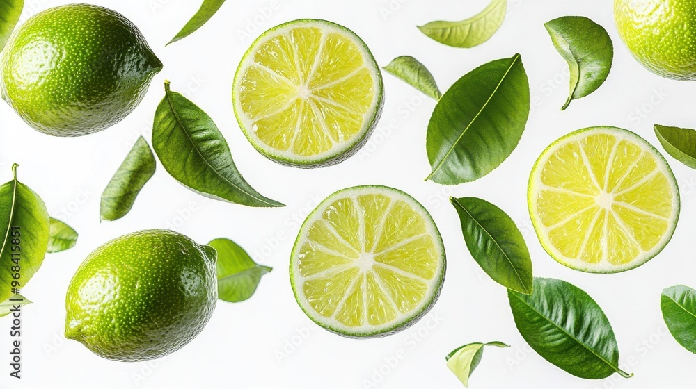 Poster lime with half slices falling or floating in the air with green leaves isolated on a white backgroun