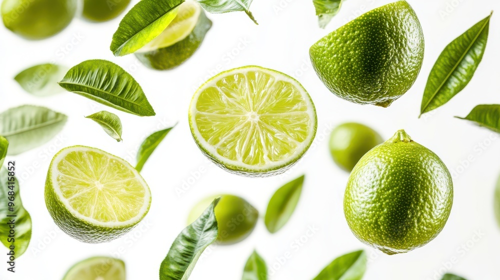 Poster lime with half slices falling or floating in the air with green leaves isolated on a white backgroun
