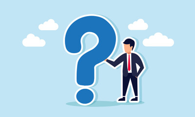 A businessman holding onto a large question mark, illustration of Someone still uncertain, facing major questions about business or work issues and how to resolve them
