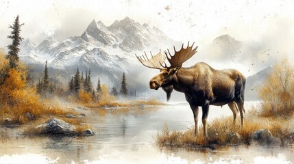 Majestic Alaskan moose with a mountainous backdrop on a white background