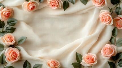Peach Roses and Green Leaves on a White Fabric Background