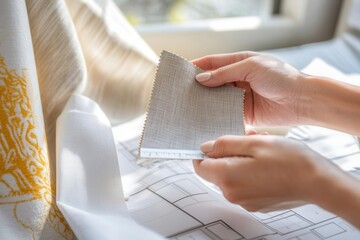 Designer s hands holding fabric swatches and a ruler while reviewing a floor plan, sunlight highlighting details, ultra-realistic textures and colors