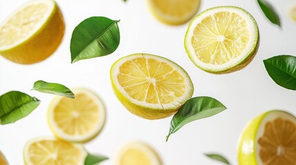 Fototapeta premium Mamoncillo (Spanish Lime) with half slices falling or floating in the air with green leaves isolated on a white background.