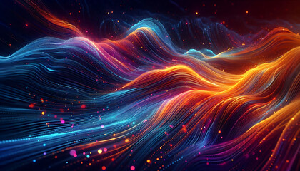 Abstract digital illustration featuring flowing waves of vibrant colors orange blue and purple against a dark background. The waves are composed of small glowing particles
