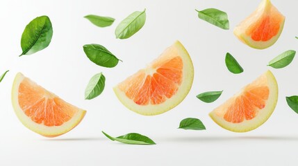 Maypop with half slices falling or floating in the air with green leaves isolated on a white background.