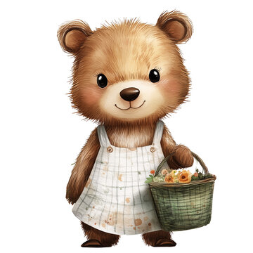 recommend clip art: Cute teddy bear with a basket, wearing vintage dress watercolor