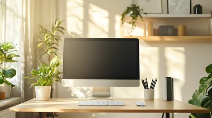 Sunlit home office with a computer, potted plants, and a clean, minimalist desk setup, creating a fresh and calming workspace.