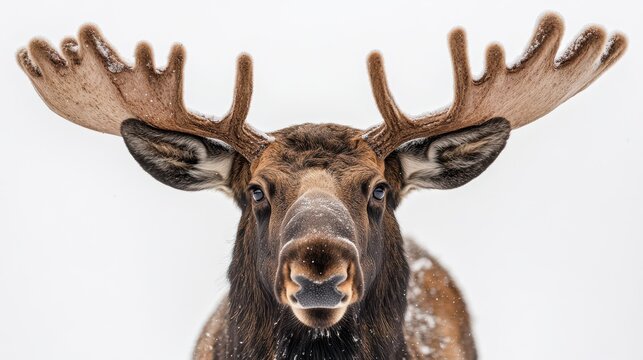 Moose facing forward on a white background, symmetrical composition