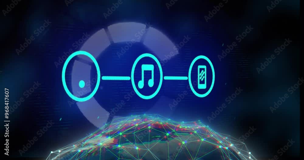 Poster Animation of media icons over loading bar and globe