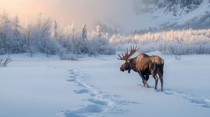 Moose walking through fresh snow on a white background, leaving tracks