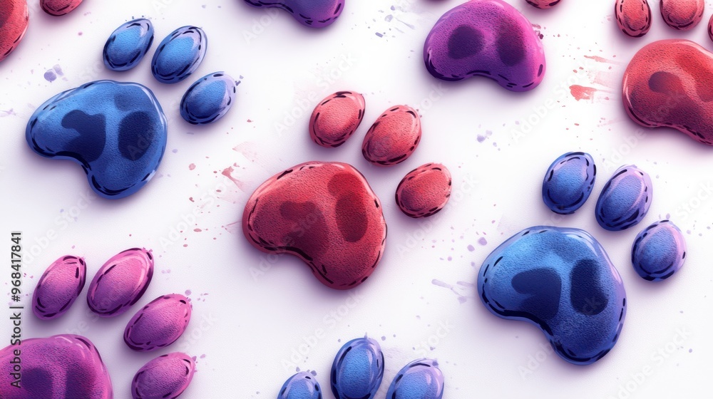 Poster multiple paw print outlines on a white background, playful pattern