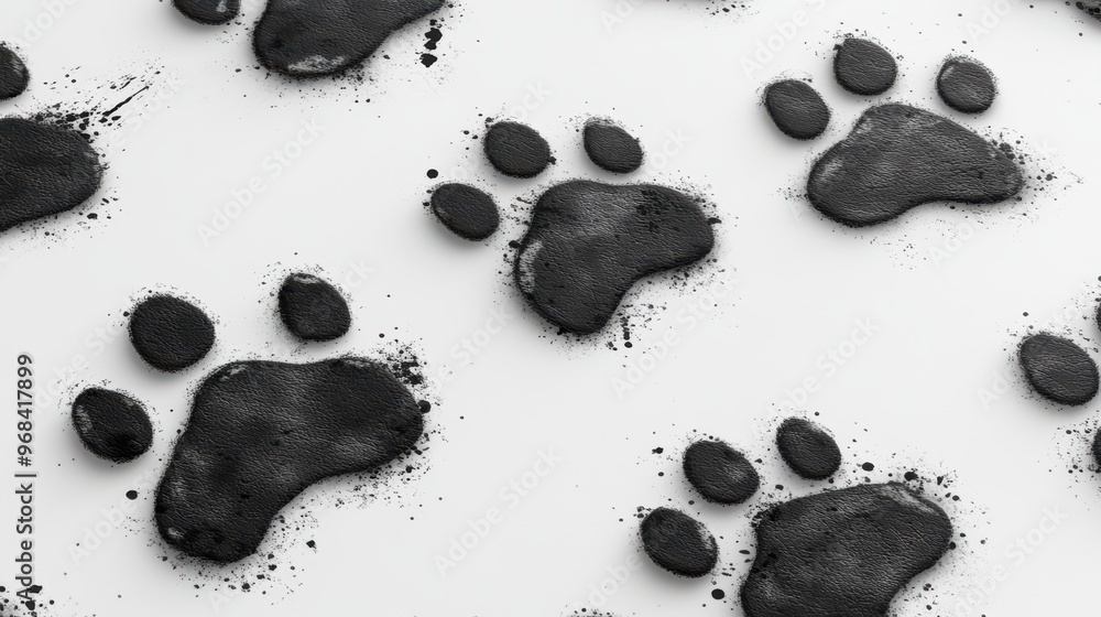 Poster multiple paw print outlines on a white background, playful pattern