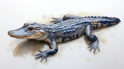 Naklejka premium Overhead view of an alligator gliding through water on a white background, calm and serene