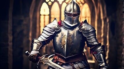 amazing imagination medieval fantasy art Brave knight in shining armor raising sword in story adventure