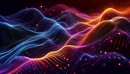 Abstract digital illustration featuring flowing waves of vibrant colors orange blue and purple against a dark background. The waves are composed of small glowing particles
