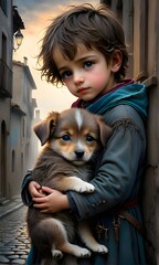 오래된 낡은 도시 거리 한 어린 꼬마 소년 아이가 아주 귀엽고 깜찍한 귀욤뽀짝 귀요미 반려견 댕댕이 멍멍이 강아지 petdog 개를 살포시 살며시 안고 정면을 바라보는 볼터치 하얀피부 뽀얀피부 boy puppy 강아지양말 네 발 paw 초롱초롱 눈망울 blue hoodie jacket jumper coat Old Old City Street A little