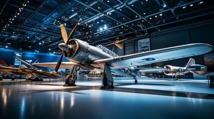 A vintage aircraft displayed in an aviation museum, showcasing engineering and design.