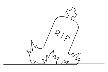 Gravestone R.I.P continuous one line art drawing of Halloween, grave, cemetery, death, memorial day


