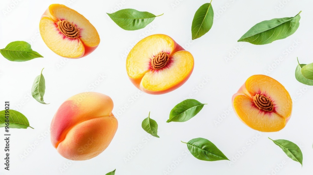Poster peach with half slices falling or floating in the air with green leaves isolated on a white backgrou