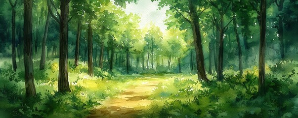 Fototapeta premium Nature conservation through watercolor reforestation, lush forest, restoring ecosystems, rich green tones, harmonious natural scene, Midjourney