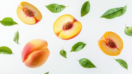 Peach with half slices falling or floating in the air with green leaves isolated on a white background.