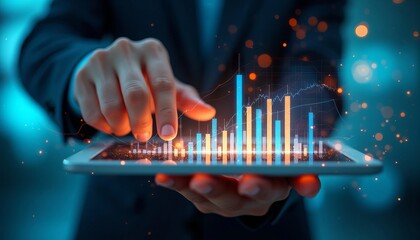 Professional Examining Market Data on a Tablet with Dynamic Financial Visuals