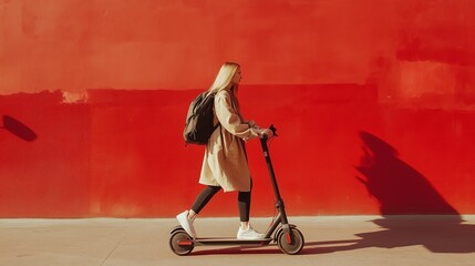 A young woman rides an electric scooter along a vibrant red wall in an urban setting during daylight