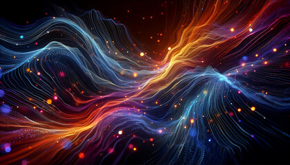 Obraz premium Abstract digital illustration featuring flowing waves of vibrant colors orange blue and purple against a dark background. The waves are composed of small glowing particles
