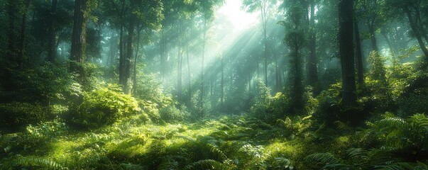 Stunning lush forest, vibrant greenery, dense trees, ecosystem restoration, nature conservation, peaceful natural beauty, misty forest atmosphere, sunlight filtering through leaves, harmonious nature